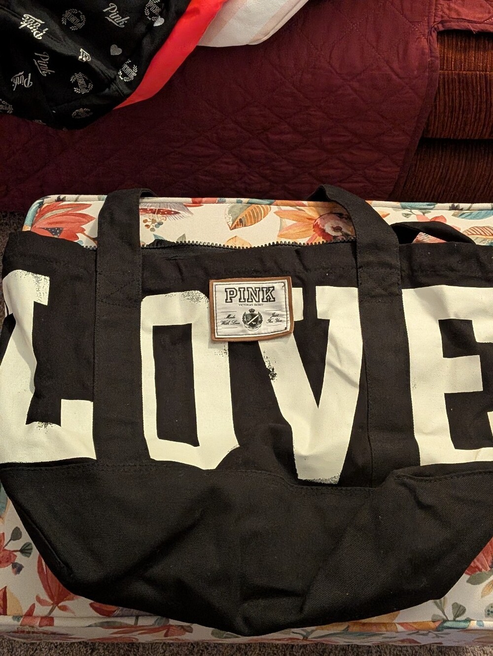PINK Victoria's Secret Black Duffel Bag with White 'LOVE' Graphic